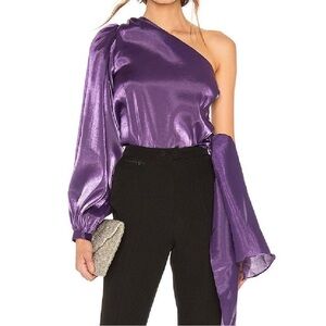 Green Lovers + Friends One-Shoulder Satin Blouse